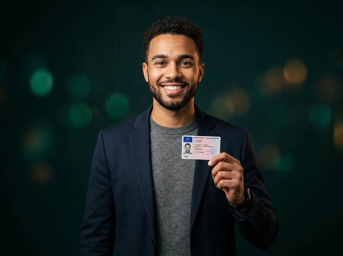 Client fier tenant son permis de conduire européen